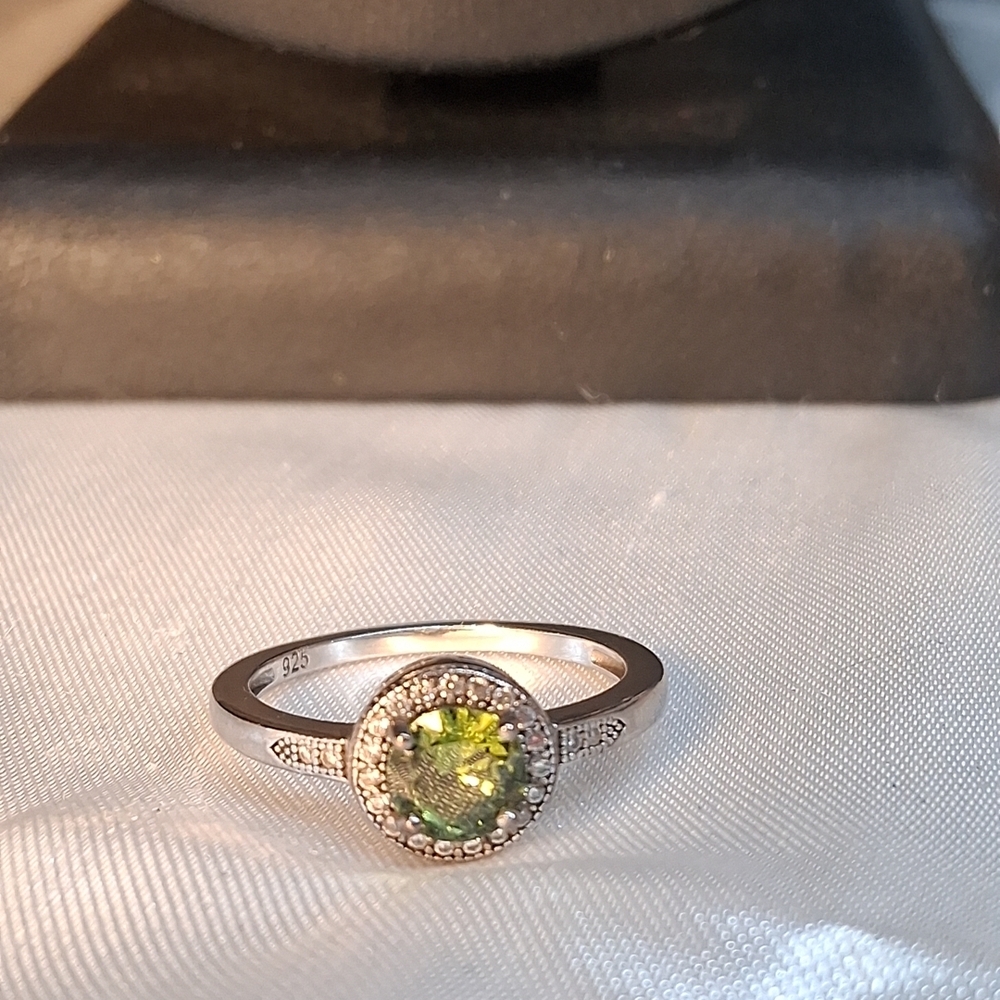 SOLD ! P15. 925 Sterling Silver Peridot Halo Ring W Cubic Zirconias, Stamped Sz8